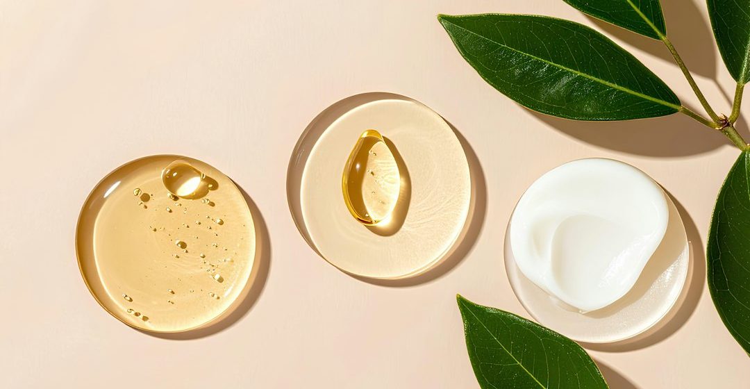 Tekstur skincare berupa gel, krim, dan minyak wajah di atas latar beige